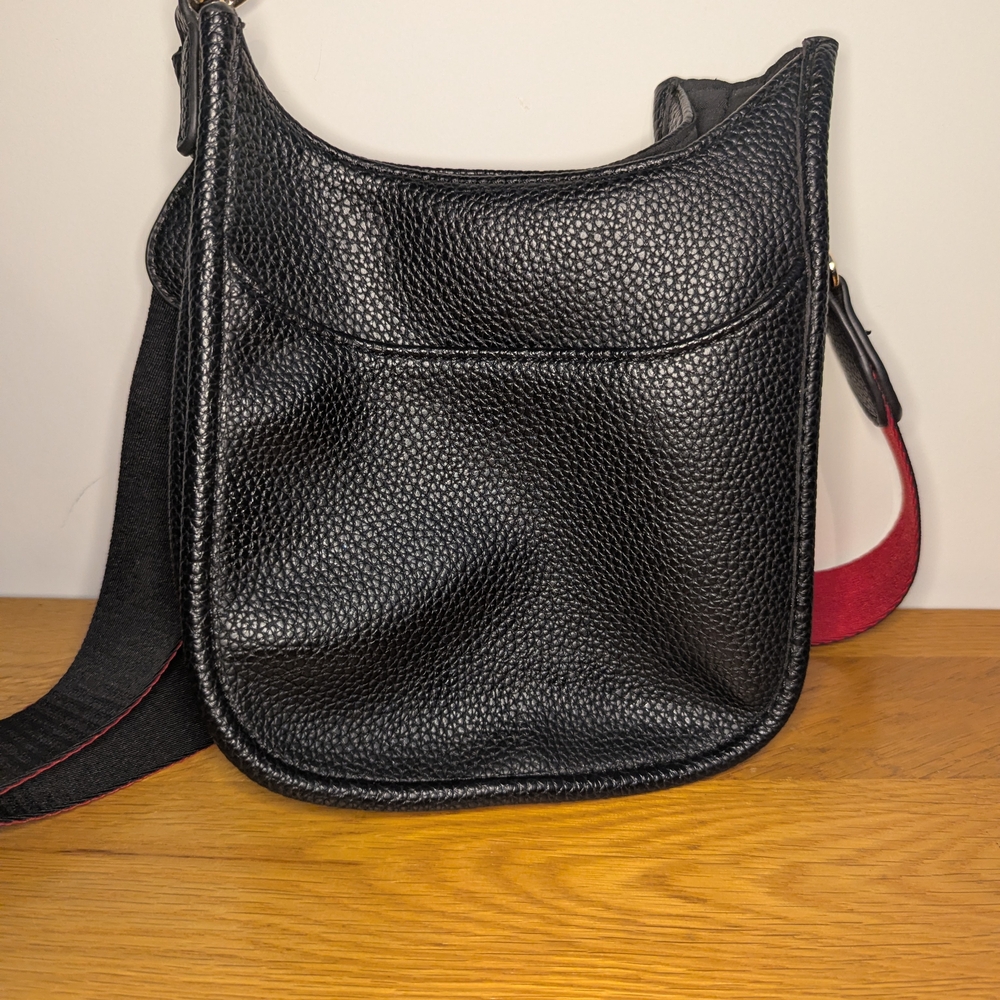 Black Faux Leather Mini Messenger Bag Black Red Strap
